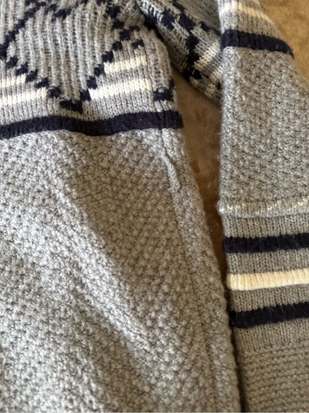 Merona Gray Shawl-Collar Fair Isle Knit Cardigan with Navy & Cream Detail - Picture 5 of 7